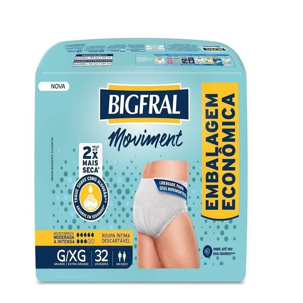 Fralda Descartável Adulto Bigfral Roupa Íntima  Moviment Tamanho G/XG - 4 Pacotes com 32 Fraldas - Total 128 Tiras em Oferta na Shopee