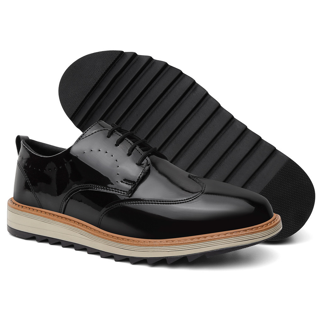 Sapato Oxford Casual Derby Tratorado Masculino Verniz Preto Moda Evangélica