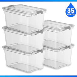 Kit 5 Caixa 35 Litros Transparente C/ Trava Multiuso 35L Cesto Grande Organizadora