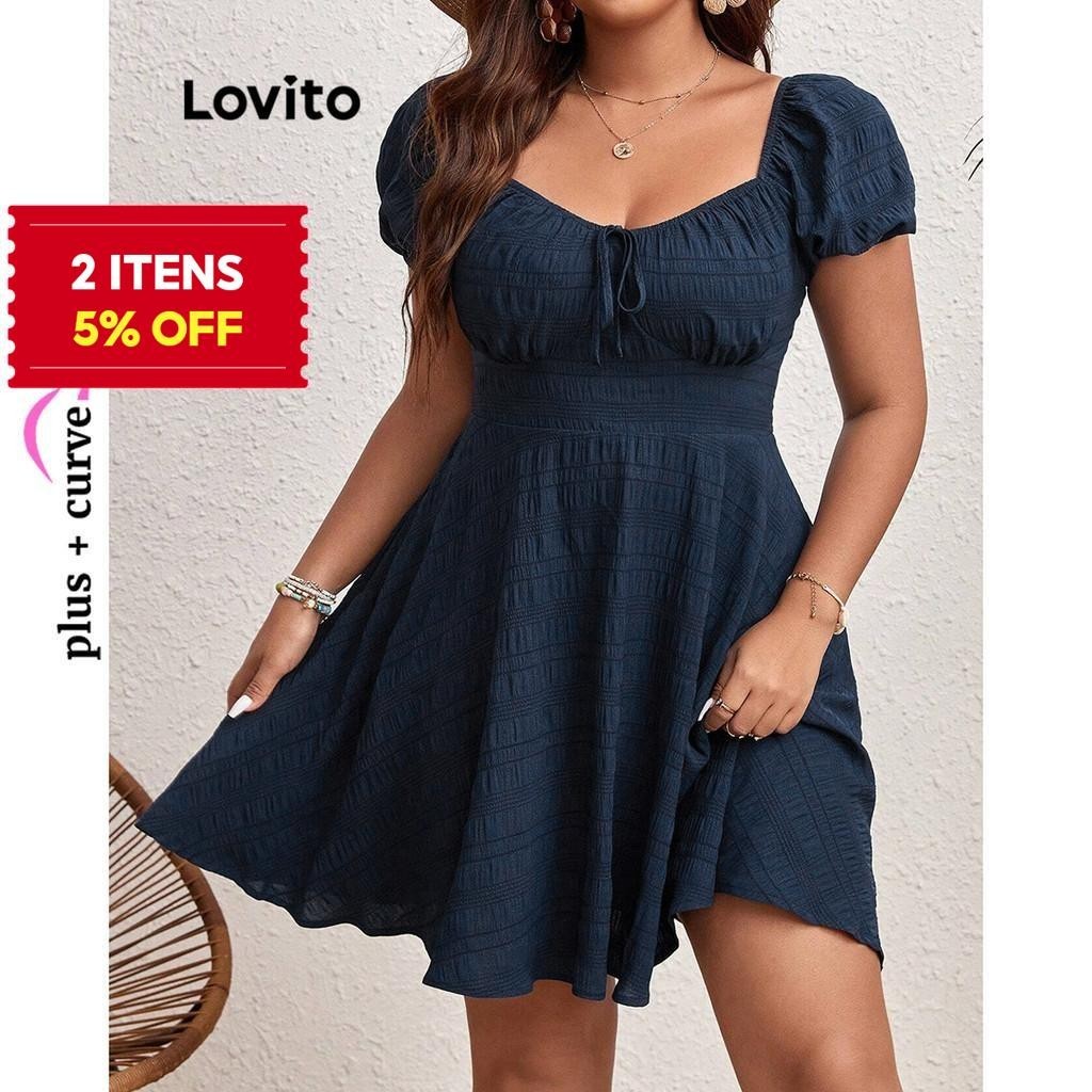 (Trendy) Lovito Vestido Curvo Plus Size Elegante Vestido Liso Com Cadarço Para Mulheres LBL09432 em Oferta na Shopee