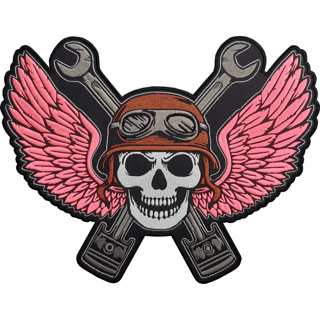 Patch Bordado Caveira Piloto Rosa Skull Motociclista 30x23 Cav7