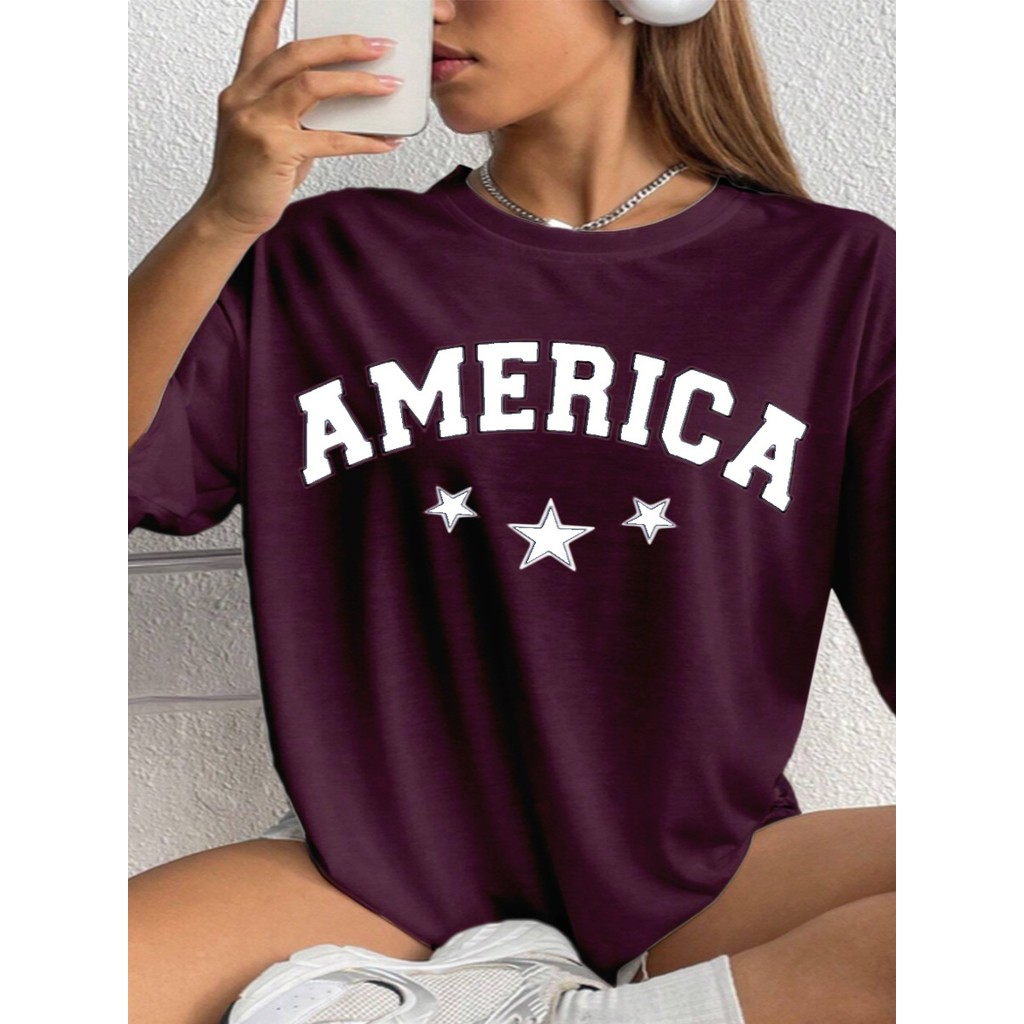 Camiseta Oversized Feminina Estampada America Desenho Estrela Confortável Larga Blusa Life Style