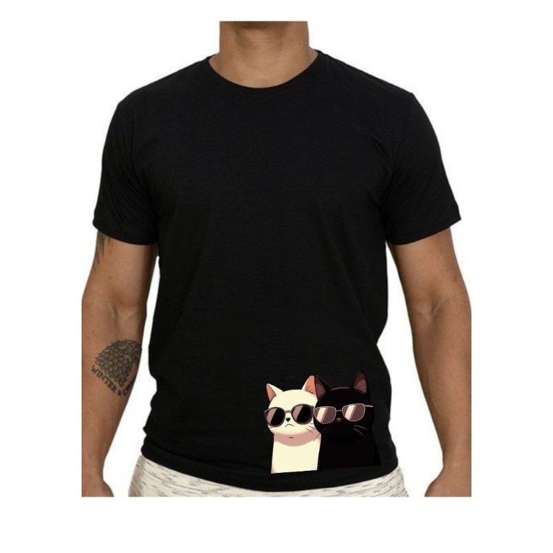 Camiseta Gatos de óculos Gato branco e Gato preto Conforto Blusa Camisa Casual Unissex Feminino Masculino 100% Algodão