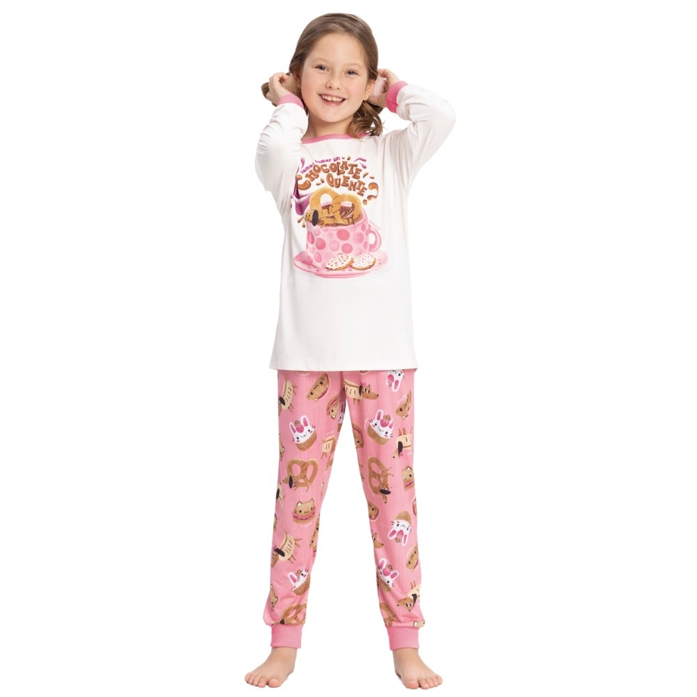 Pijama Menina Alakazoo Blusa e Calça em Algodão Estampado de Chocolate Quente