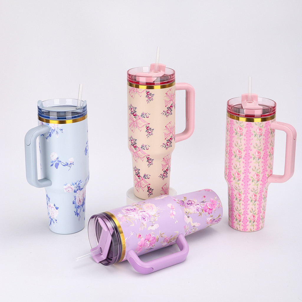 Copo De Padrão floral requintado , Aço Inoxidável 304 Com Alça , Tampa De E Retenção De Calor De Palha , Carro De 1200ml