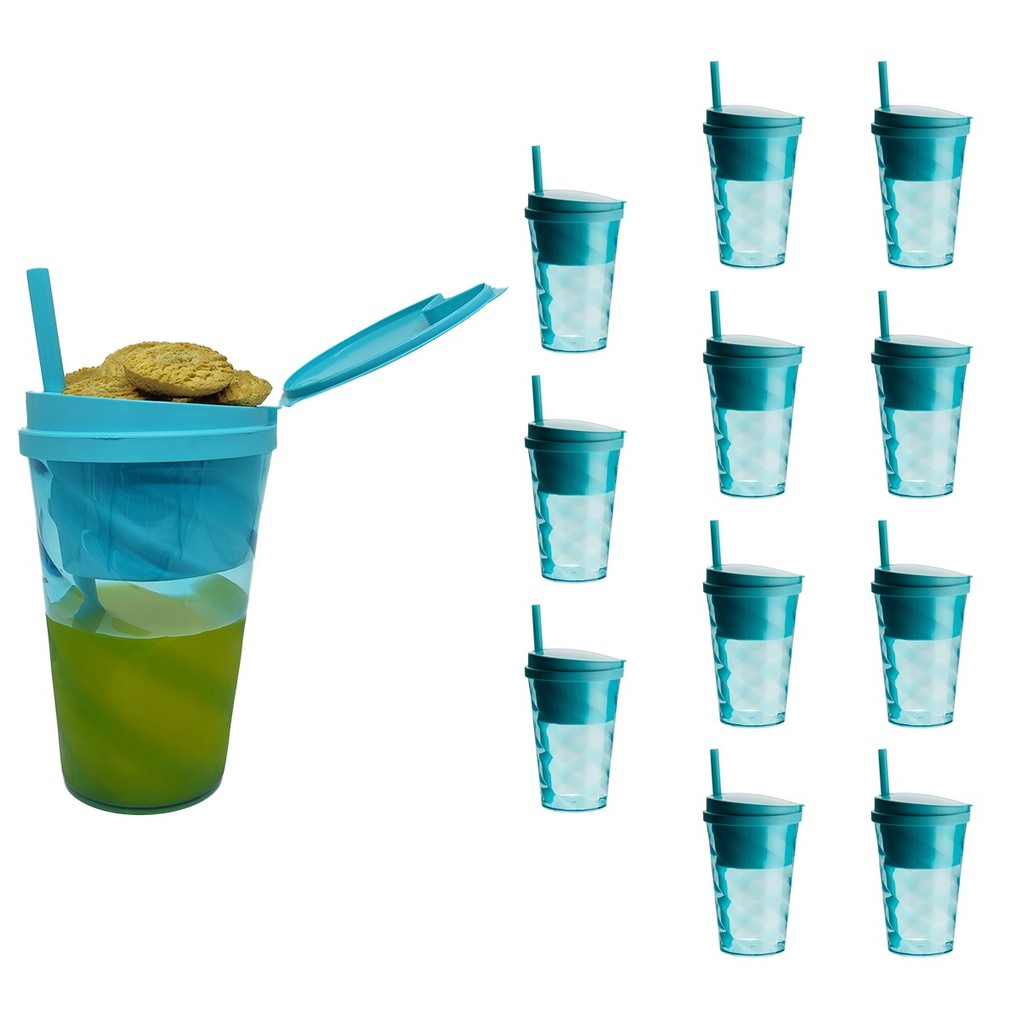 12 Copos Com Porta Lanche e Snacks Com Tampa e Canudo 2 Em 1 600ml em Oferta na Shopee
