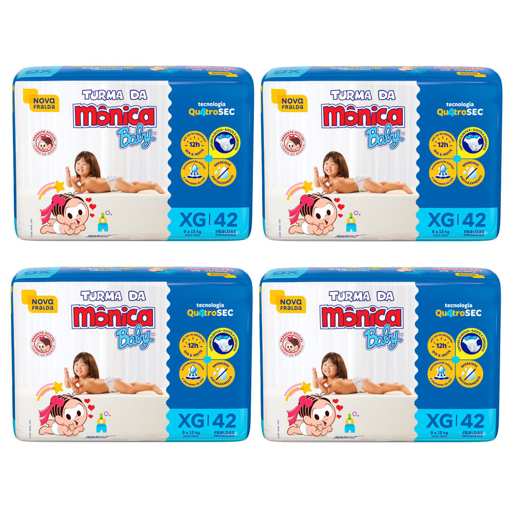 Kit 4 Fralda Infantil Turma da Mônica Baby Mega Tamanho XG 42 Fraldas Descartáveis - Mom & Baby