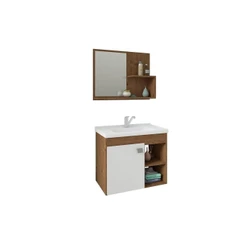 Conjunto de Banheiro Balcão Suspenso c/Cuba Lótus/Bia 55cm e Armário c/Espelho Amendoa/Branco - MGM