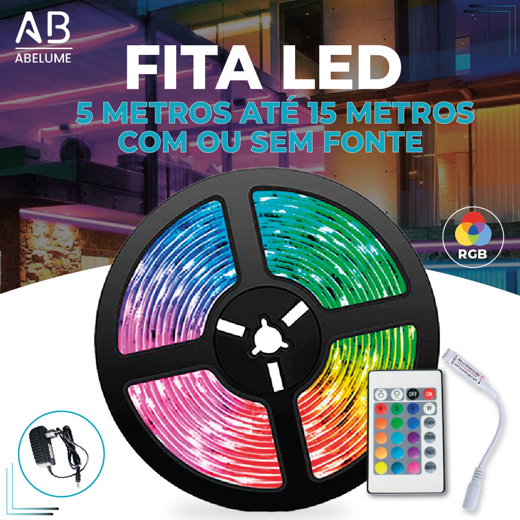 15M Fita LED 3528 SUPER LED ULTRA RGB 12V 300 LEDS | 16 CORES IP20 Com ou Sem Fonte - Home & Living