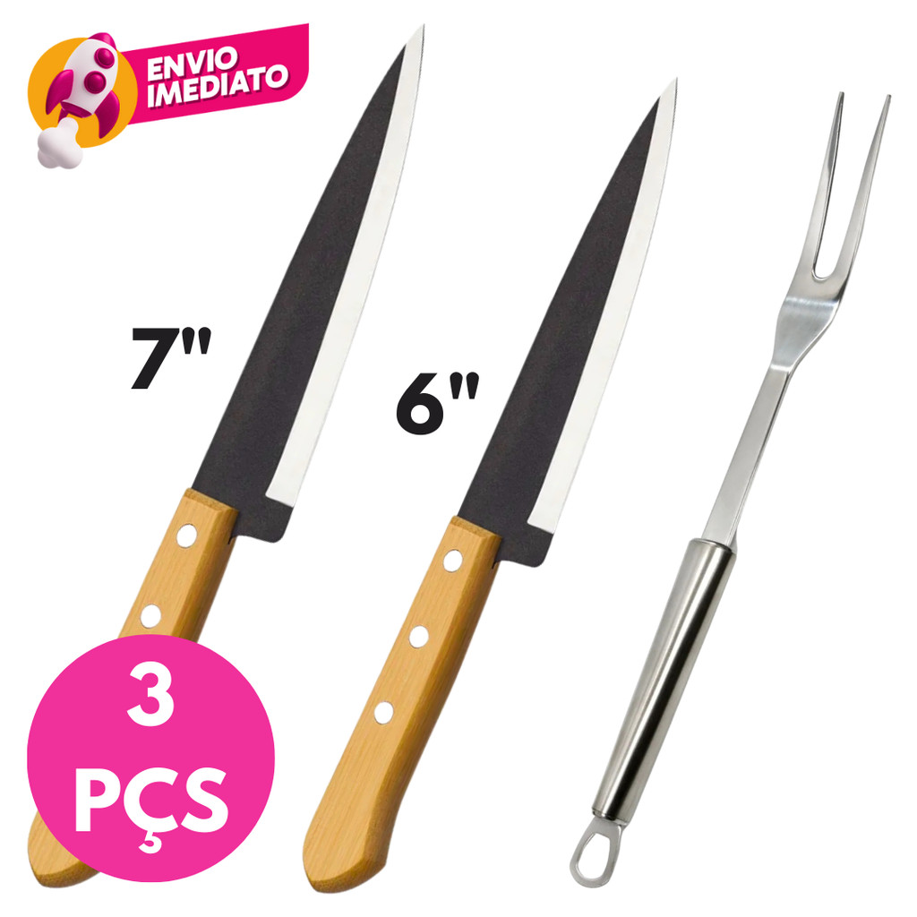 Kit Churrasco 03 Itens Garfo Trinchante Pegador Aço Inox e Faca 6“ e 7" Jogo Churrasqueira Cozinha