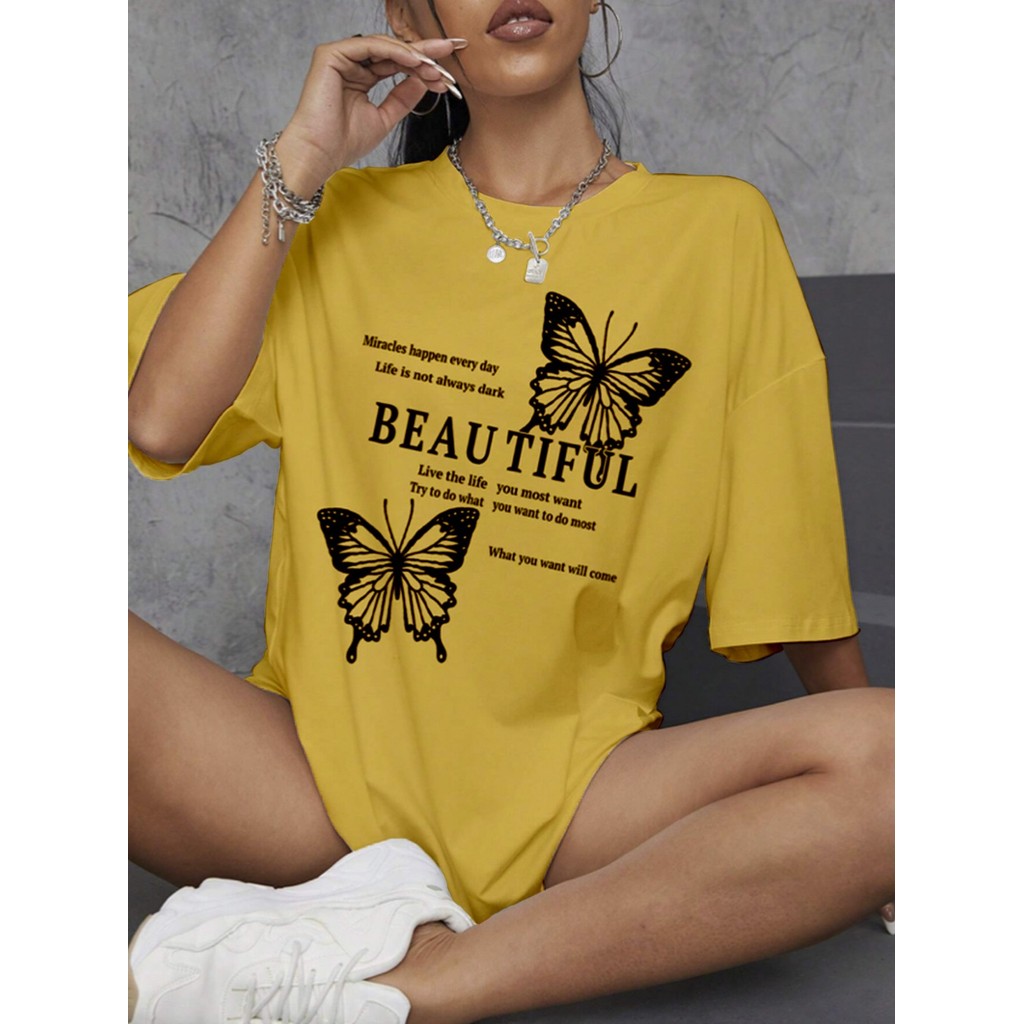 Camiseta Amarelo Oversized Feminina Estampa Butterfly Beautiful Good Vibes Estilo Streetwear