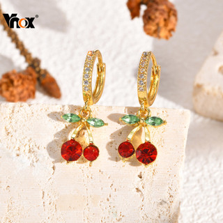 Brincos Pendurados De Cereja Vermelha Vnox Para Mulheres , Brinco De Ouro Com Zircônia , Festa De Casamento , Acessórios