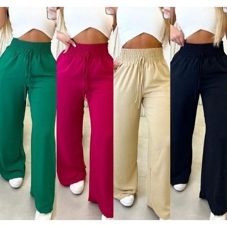 Calça Pantalona Tecido Duna Com Bolso Cintura Alta Elastico na Cintura