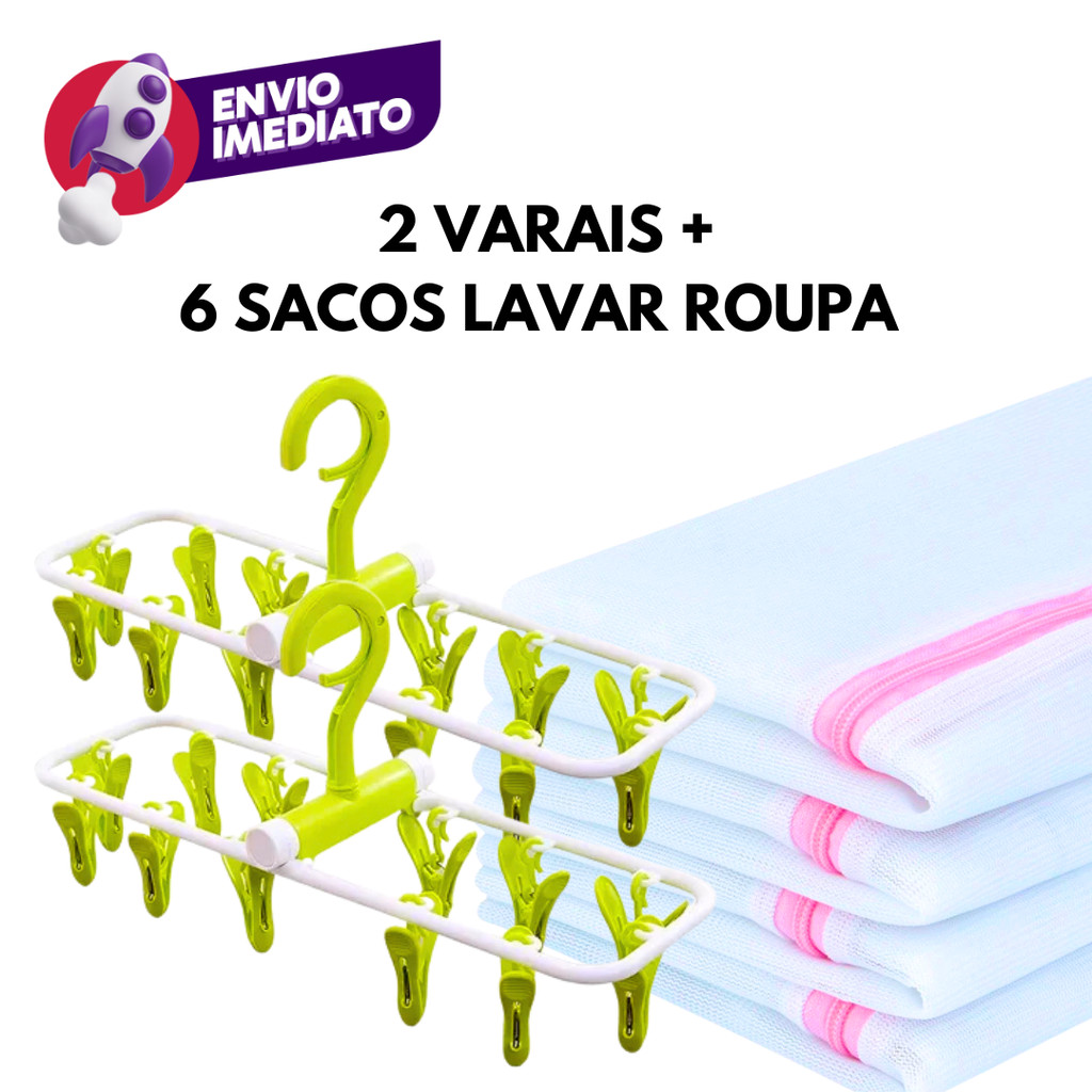 Varal P/ Roupa Intima Calcinha Dobrável C/ 12 Prendedores E 6 Sacos Lavar Roupas Saquinhos C/ Ziper