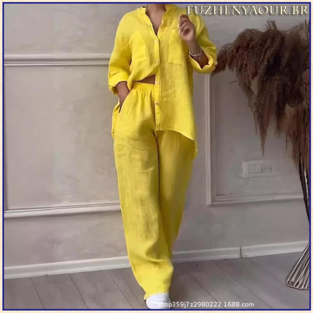 Conjuntos femininos plus size casual retro cor sólida algodão e linho camisa cordão calças retas