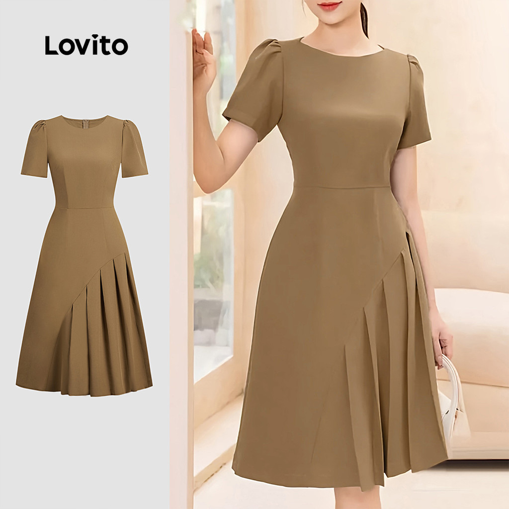 Lovito Vestido Elegante Assimétrico Com Zíper Plissado Primavera/Verão Vestido Marrom Para Mulheres L134ED738 - Women Clothes