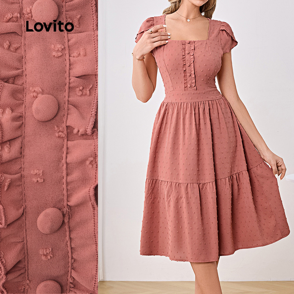 Lovito Elegante Vestido Jacquard Liso Com Babados Primavera/Verão Rosa Para Mulheres LBL25063 - Women Clothes
