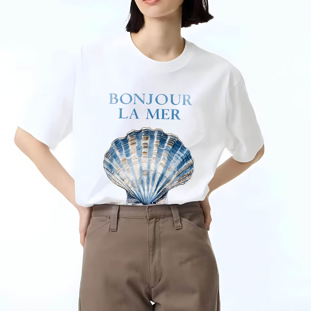 Camiseta Feminina Concha Marinha Bonjour La Mer Blusa Unissex Streetwear 2025 Novo