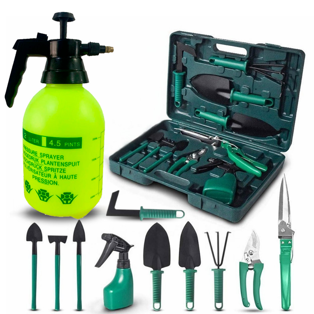 Kit Jardinagem Completo Pulverizador 2L Maleta com 11 Ferramentas para Jardim e Horta