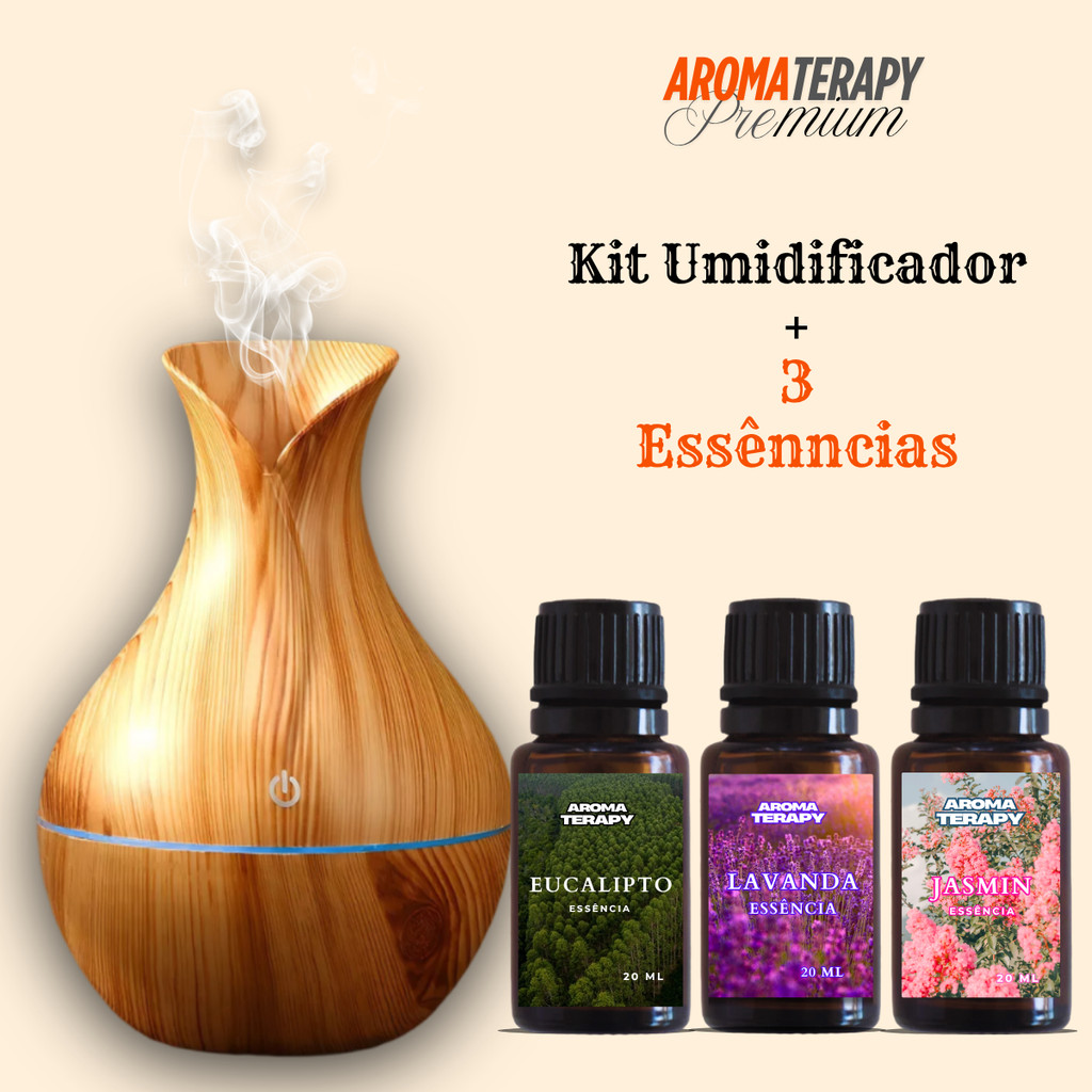 Umidificador De Ar + 3 Essências Hidrossolúvel | Difusor Modelo Vaso 200ml | Essências 20ml