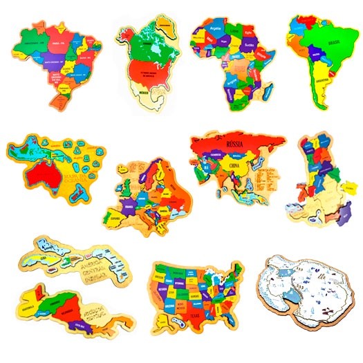 Kit Quebra-cabeça Mapa Áfr Oceania BR América do Sul e Norte Central Ístmico e Insular Europa Ásia EUA Antártida e Port