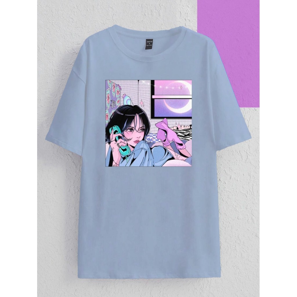Camiseta Unissex Azul Oversized Aesthetic Feminina Blusa Streetwear Estampa Angel Cry Old School