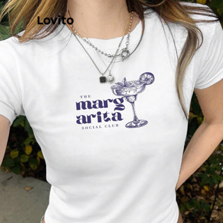 (Trendy) Lovito Camiseta com estampa de letras elegante para mulheres L108ED498 em Oferta na Shopee