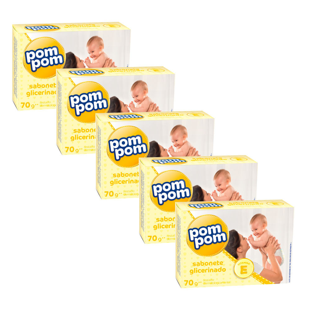 Kit 5 Sabonete em Barra Pom Pom Glicerina 70g - Mom & Baby