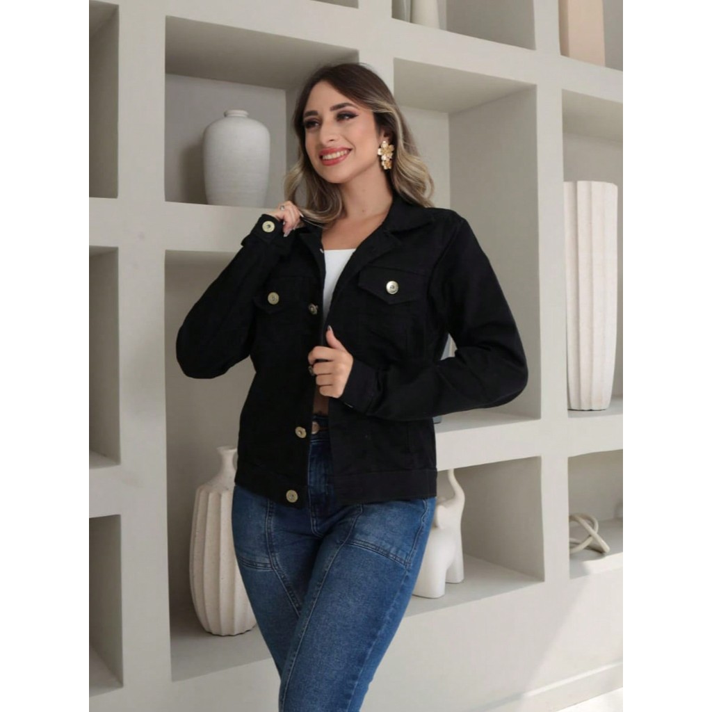 jaqueta Jeans Feminina Com Elastano preto manga longa 5040