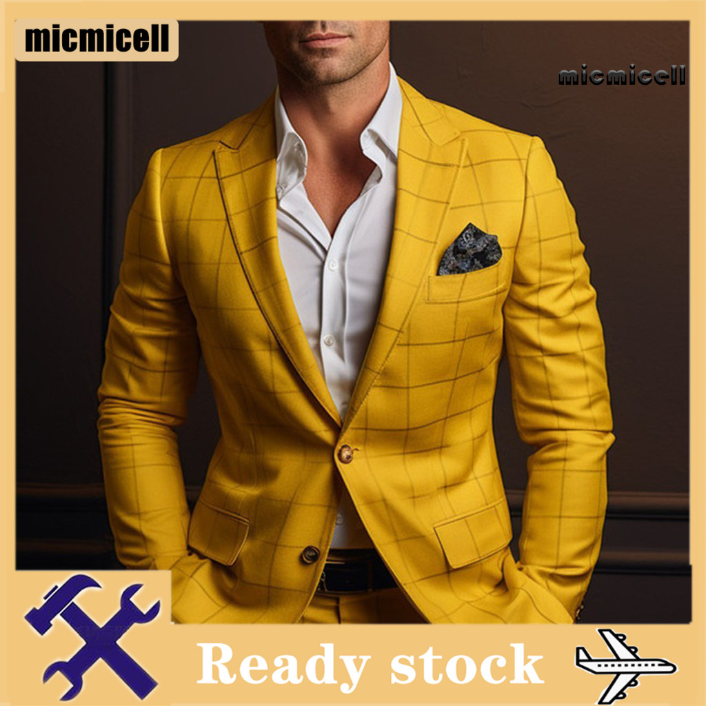 [micmicell .] Terno Masculino Casaco Formal Estilo De Negócios Fino Ajuste Xadrez Impressão Manga Longa Único Botão Fech
