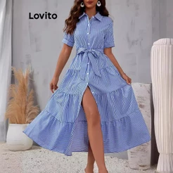 (Lovito X Glenda) Casual Vestido Elegante Listrado Com Botão Frontal E Cinto Para Mulheres LNL79306