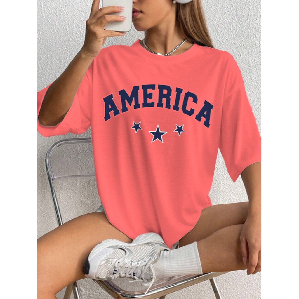 Camiseta Oversized Unissex Swag Hip-Hop Estampada America Desenho Estrelas Blusa Feminina Old School
