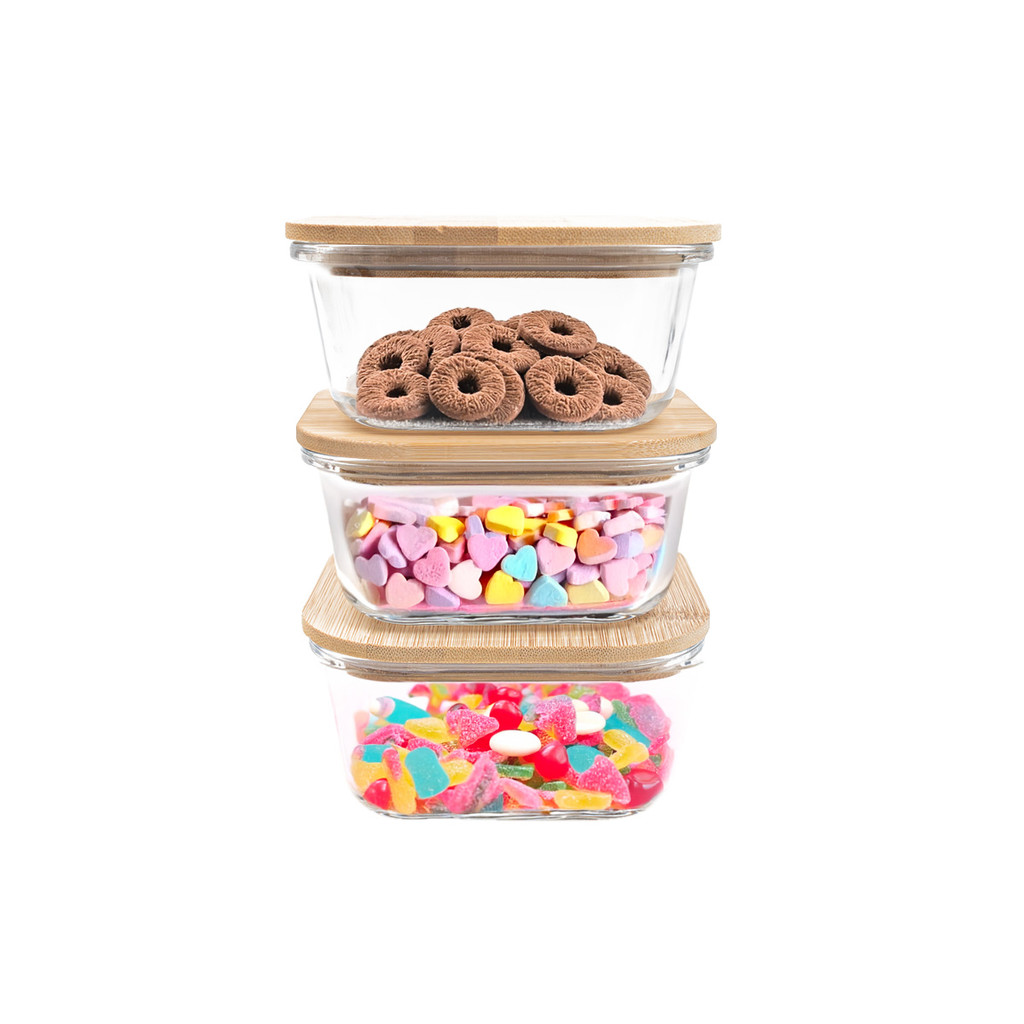 kit 3 potes de vidro 550ml com tampa de bambu hermético marmita quadrados - Tud em Oferta na Shopee