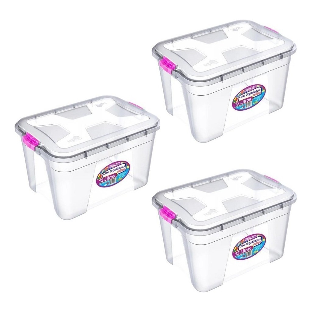 Kit 3 Caixas Organizadoras Transparente 12 Litros Com Travas de Segurança