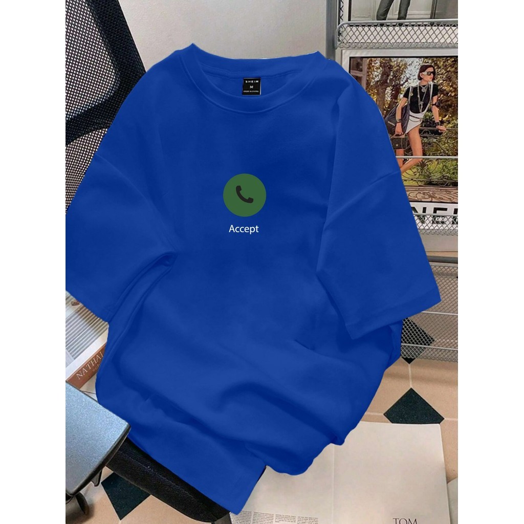 Camiseta Azul Royal Unissex Accept Desenho Telefone Estilosa Oversized Confortável Estampada Blusa