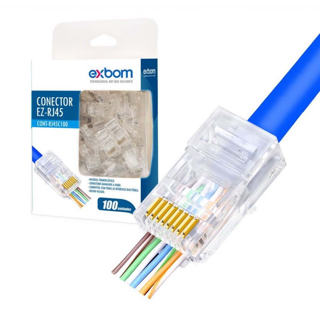 Conector RJ45 Vazado Cat5e Pacote 10/20/30/50 Unidades Exbom Para Cabo Lan