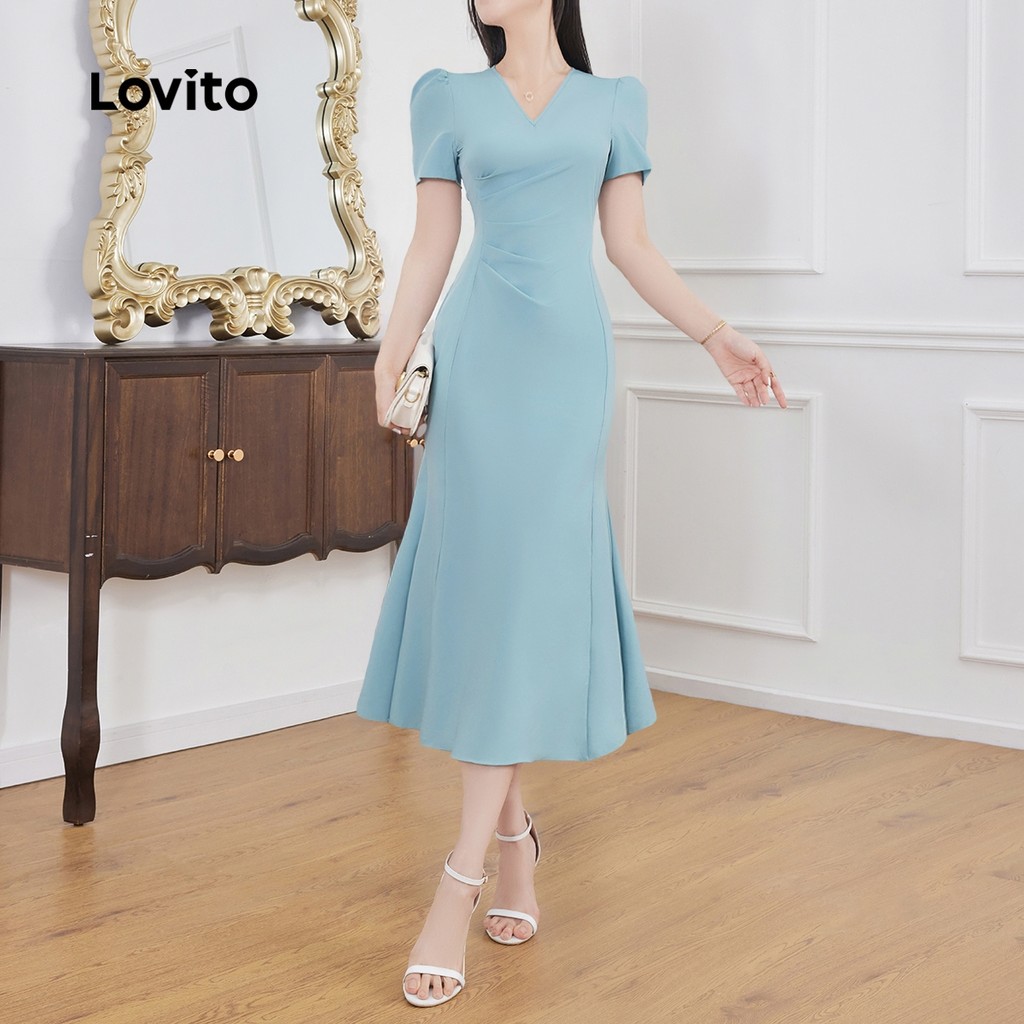 (Trendy) Lovito Vestido Elegante Plissado Com Zíper Verão/Primavera Vestido Azul Para Mulheres L134LD034 - Women Clothes