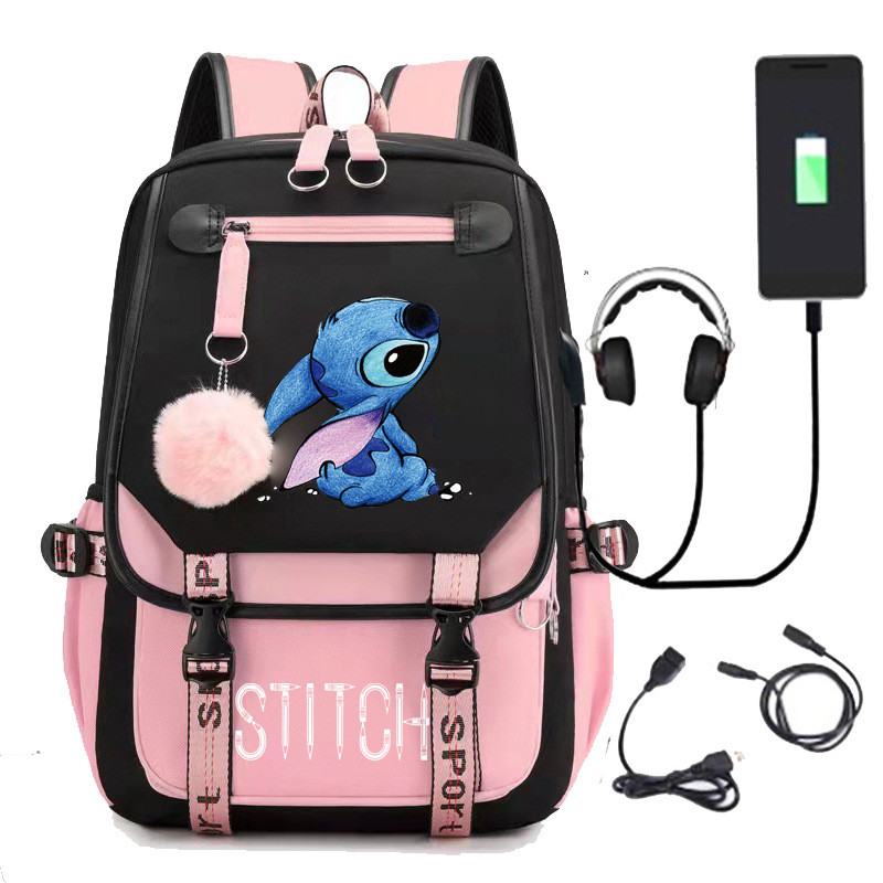 Mochila Stitch Estudante Masculino E Feminino Com Disney Costura Escolar Carregada USB