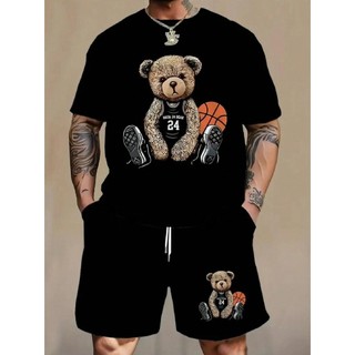 Camiseta Básica Urso Basquete Masculina Feminina Algodão, Costura Reforçada + Bermuda Urso Basquete Moletom Masculina