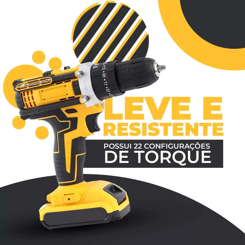 Parafusadeira Furadeira 12V 21V 2 Baterias Com Maleta e Acessórios Completo Amarela