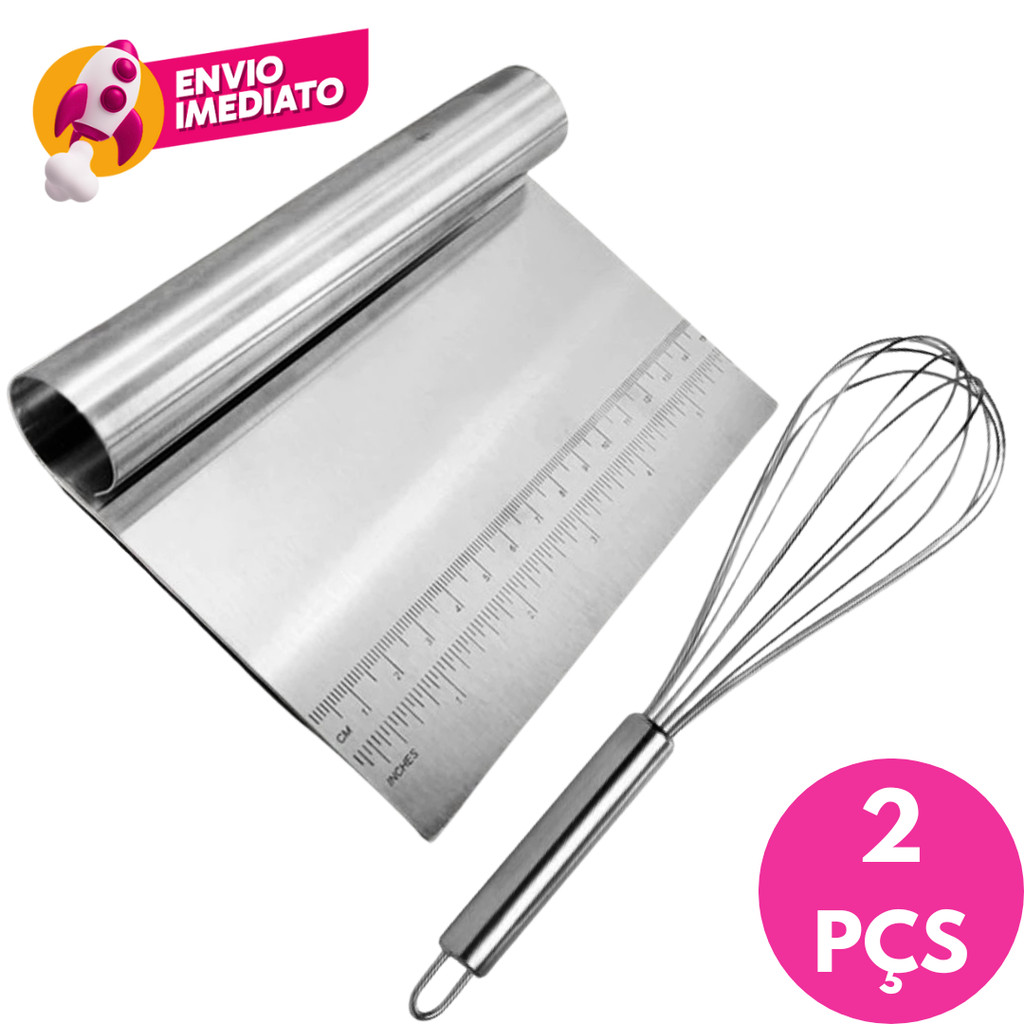 Kit Espátula Reta Para Massa Doces Bolos + Batedor De Claras Fouet Jogo Em Aço Inox