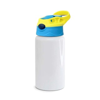 Squeeze de Alumínio Branco Infantil com Bico Automático, Tampa Azul e Alça Amarela para Sublimação - 500ml em Oferta na Shopee