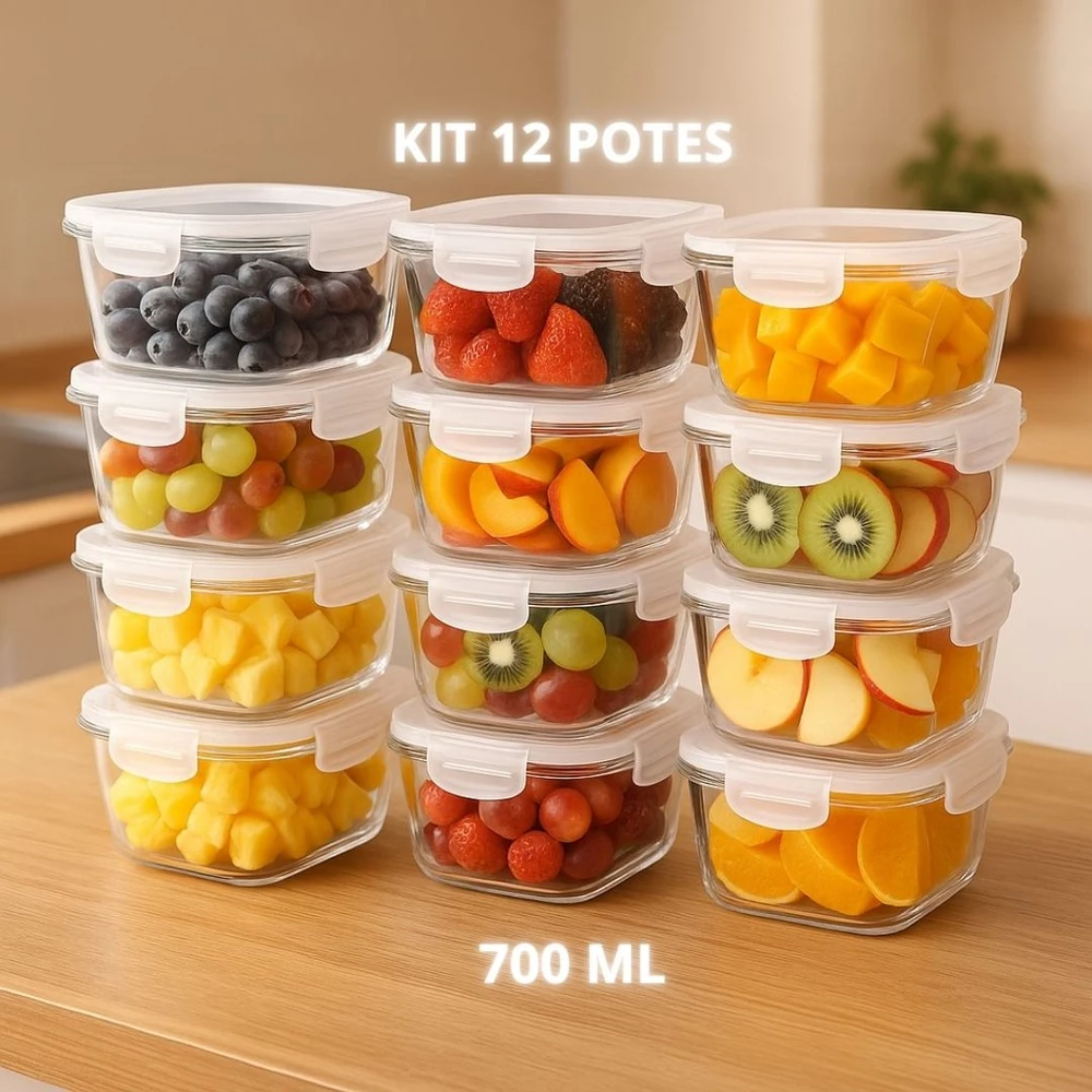 Kit de potes Herméticos Vidro 700ml quadrado 4 travas livre de bpa marmita organização