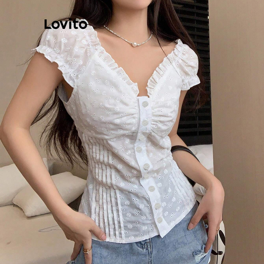 (Trendy) Lovito Blusa Casual Lisa Alface Guarnição Botão Frontal Blusa Plissada Para Mulheres L80ED008