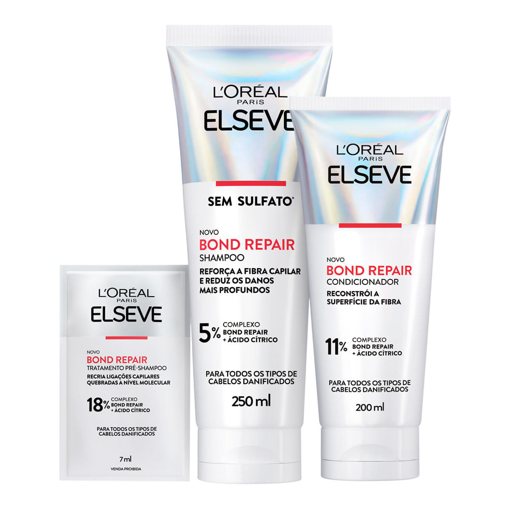 Kit Elseve Bond Repair Shampoo 250ml Condicionador 200ml e Tratamento Pré Shampoo Sachê 7m...