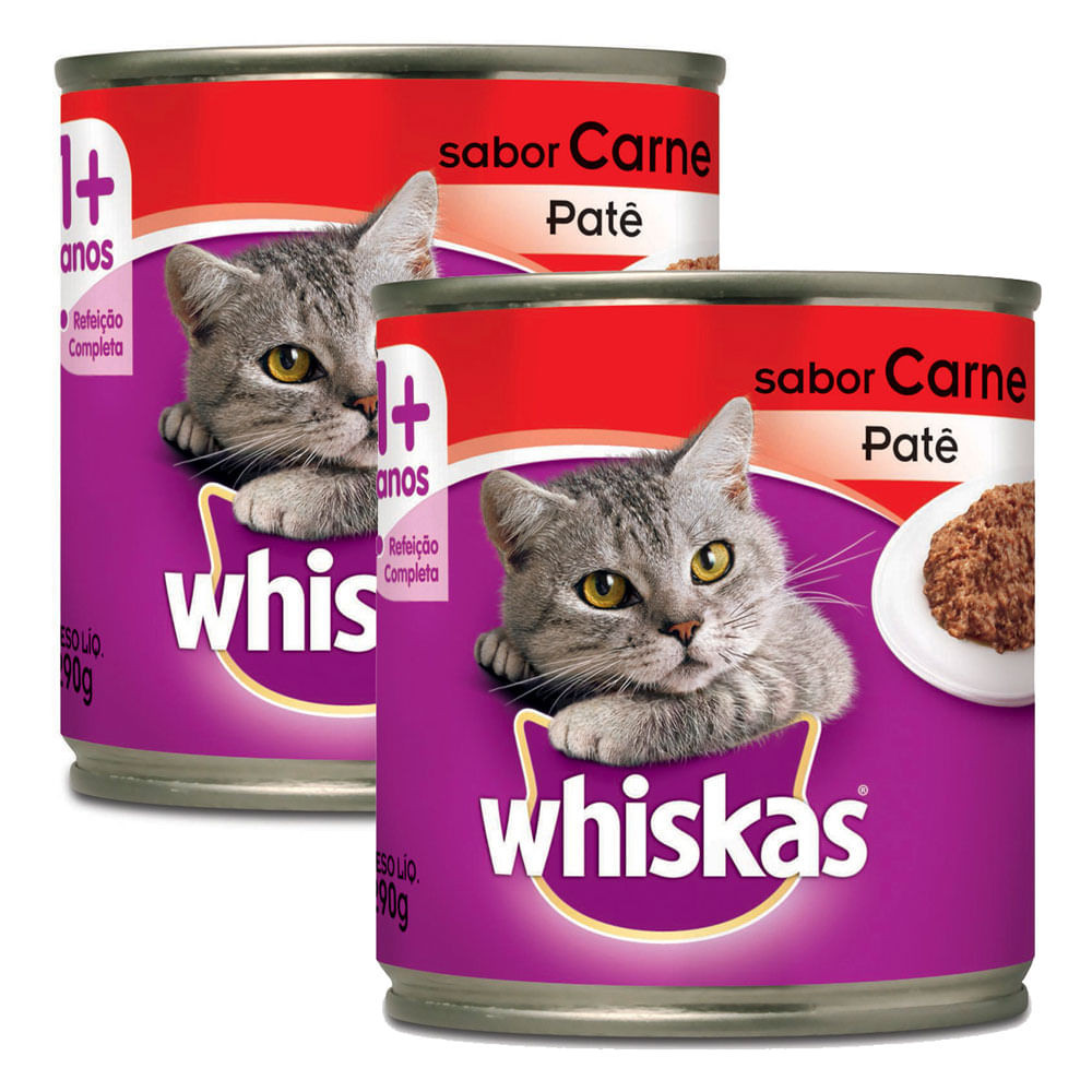 Kit 2 Ração para Gatos Whiskas Adulto 1+ Anos Patê Sabor Carne Lata 290g - Pets