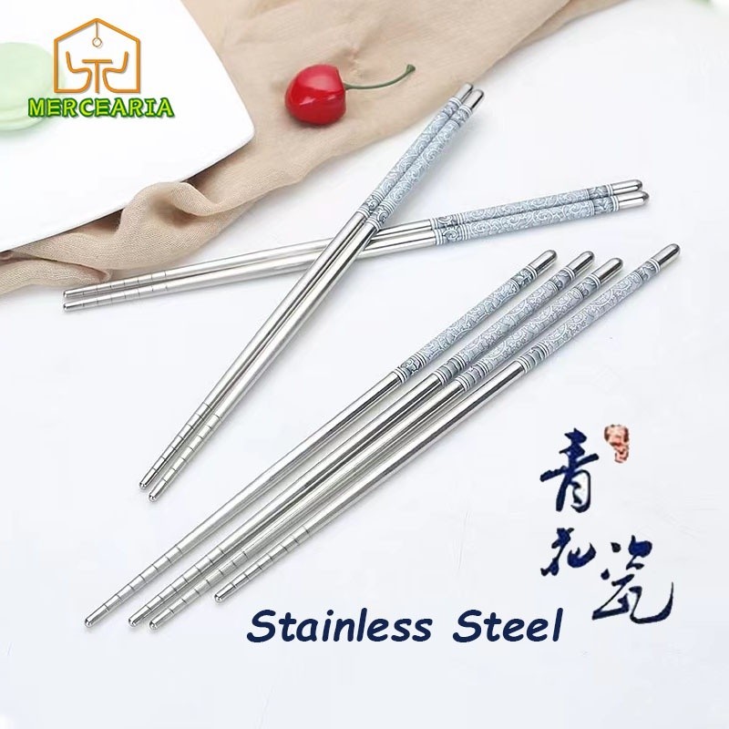 Hashi Aço Inox Pauzinho 1 a 10 Pares De Porcelana Estampado Flor Hashi Raxi Palitinho Azul e Branco