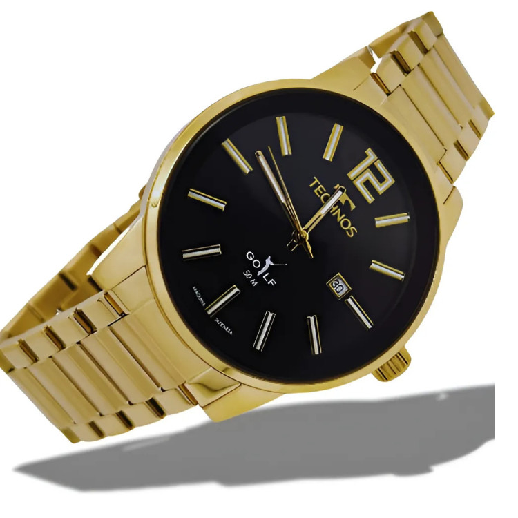 Relógio Masculino Technos Golf Dourado Aço Inox Fundo Preto Analógico Original Presente 2115TTS4P