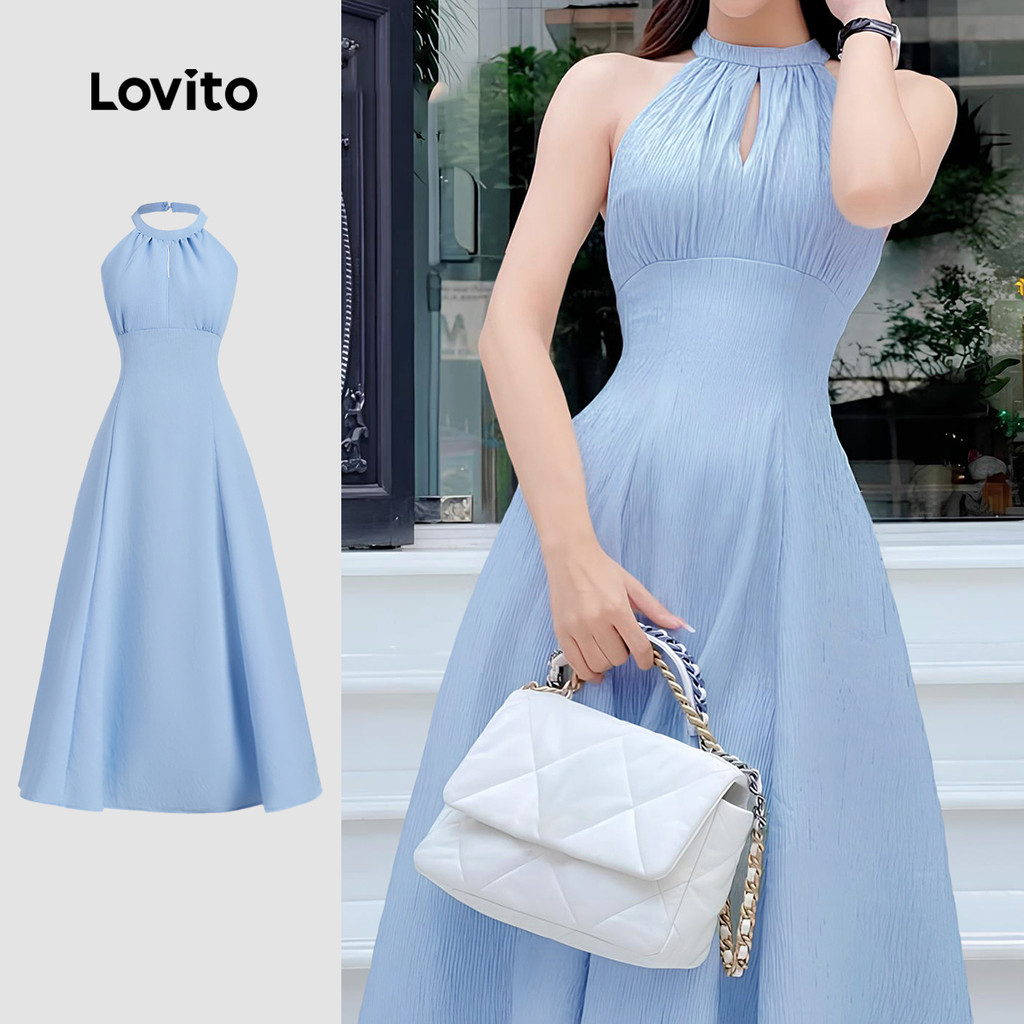 Lovito Vestido Casual de Zíper e Botões com Ombro Frio Textura Agradável Primavera/verão azul LB134LD323 - Women Clothes