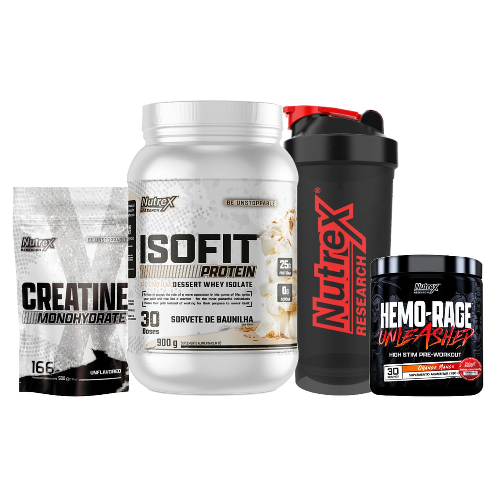 Kit ISOFIT Protein 900G + Creatine 500G + Pré-Treino Hemo-Rage 180G + Coqueteleira Performance Completa Nutrex